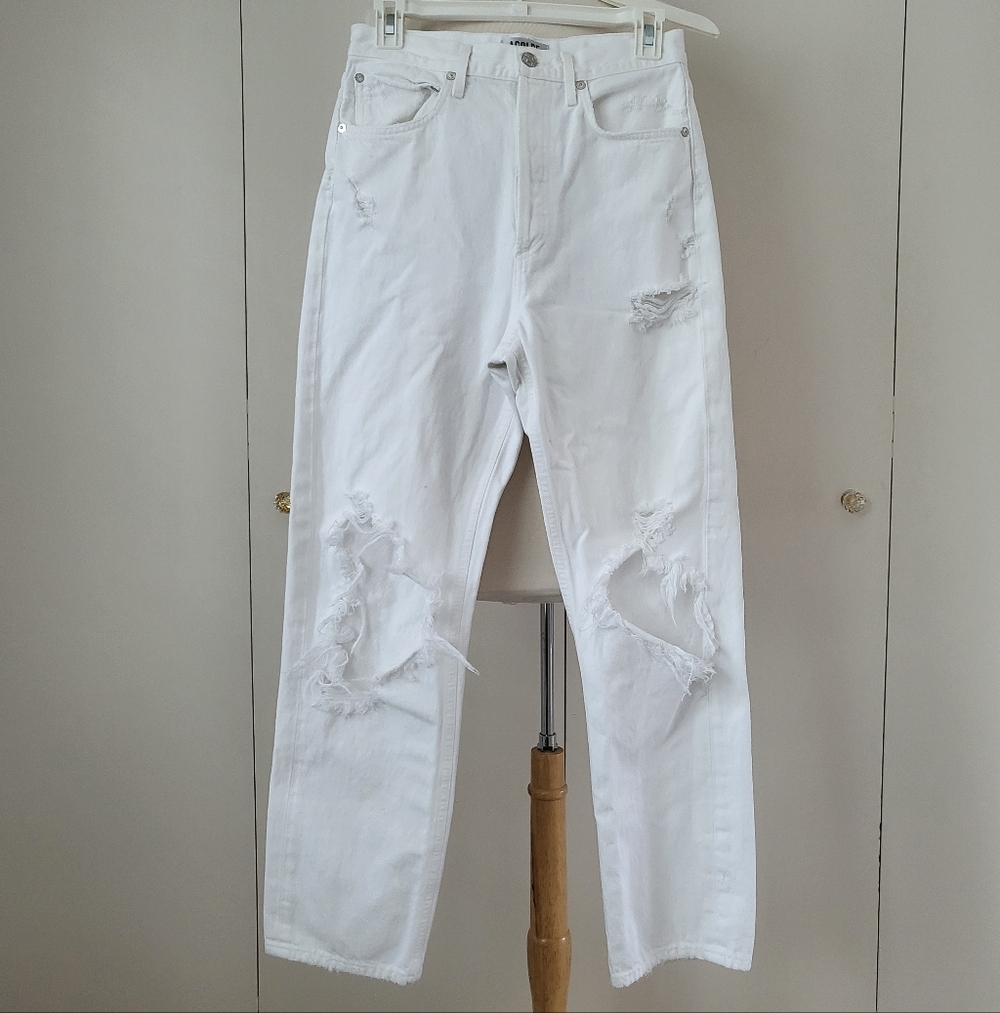 Agolde 90's Mid Rise White Loose Fit Distressed Jeans 25